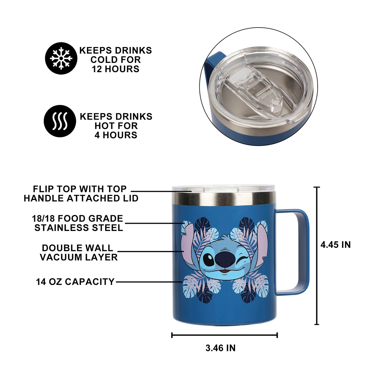Stitch Face and Leaves 14oz Vacuum Sealed Stainless Steel Coffee Mug